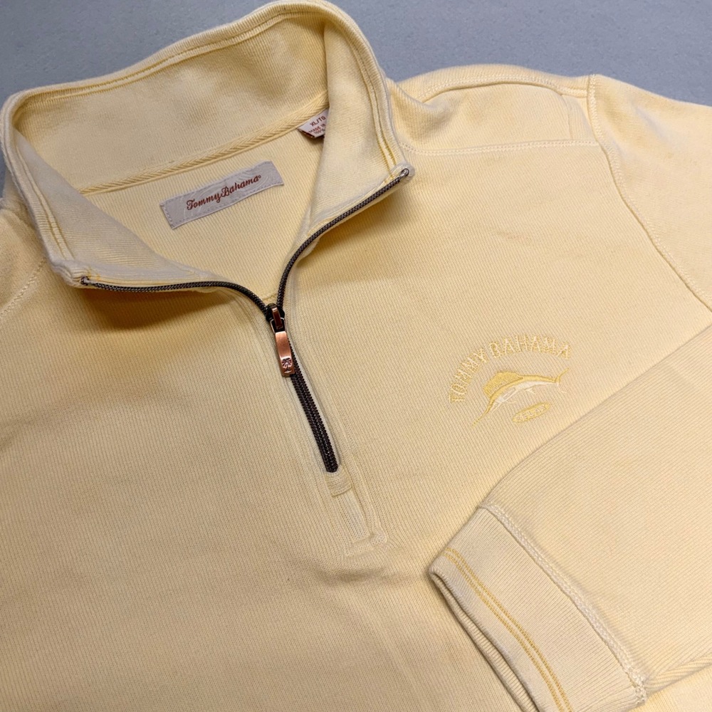 Tommy Bahama Mens XL Yellow Cotton Quarter Zip Pullover Marlin Logo Sweater